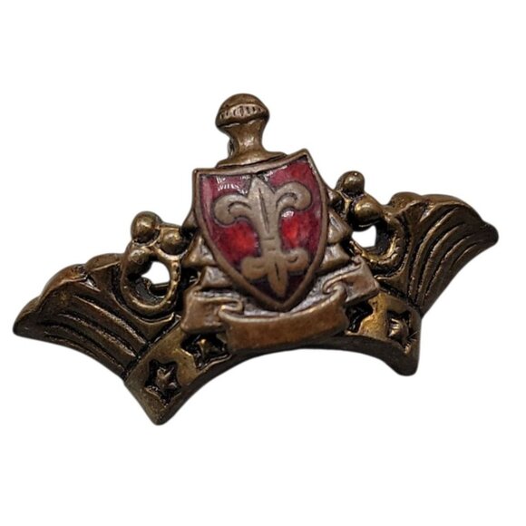 Vintage Fraternal Lapel Pin Red Enamel Shield Fleur-de-Lis Wings & Stars Badge - Picture 1 of 9